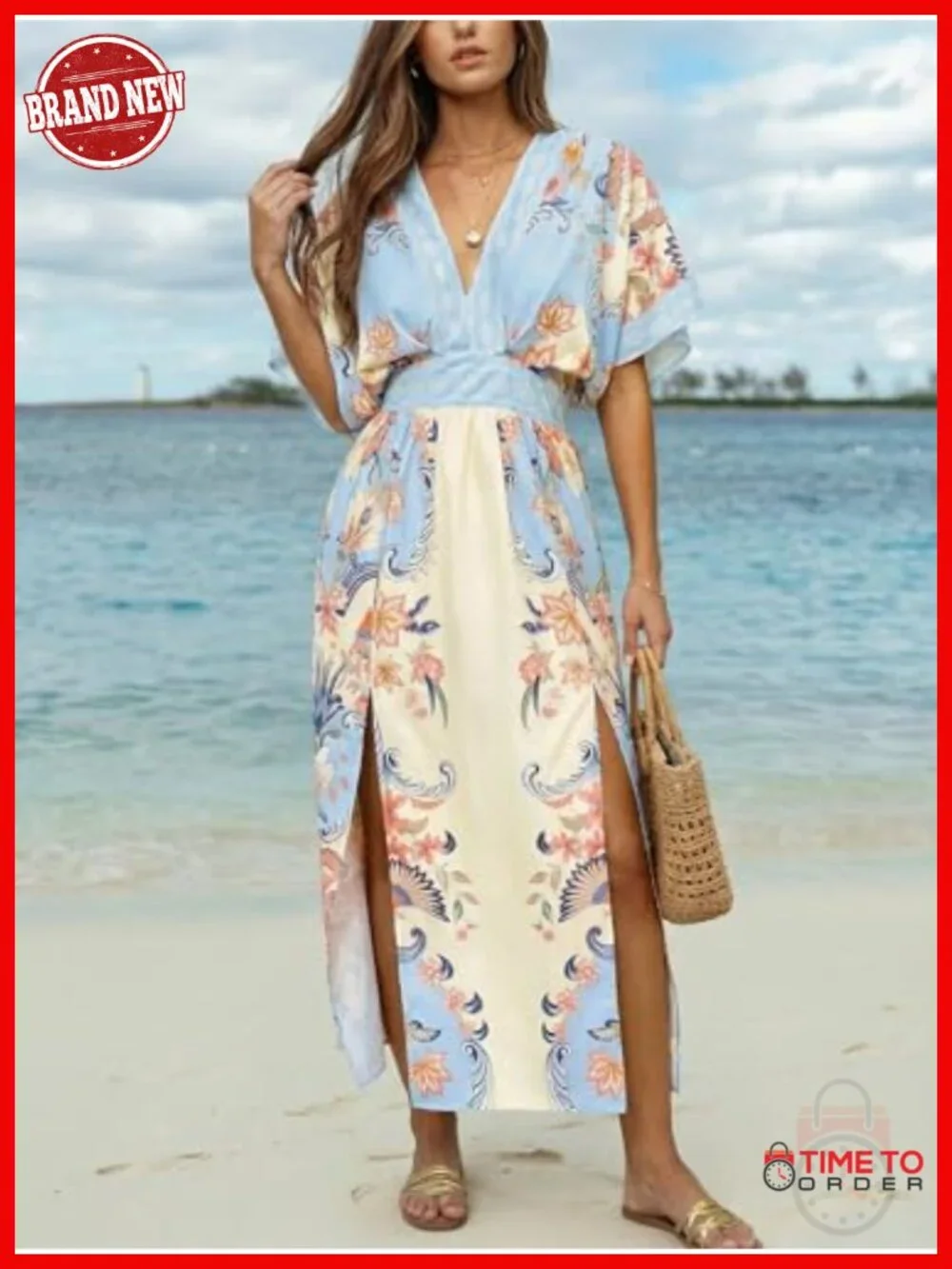 Women's Boho Maxi Dress V-Neck Half Sleeve Side Slit Empire Waist